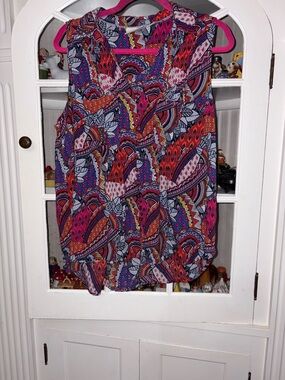 Anthropologie Maeve Bright Pink, Orange & Navy Printed Blouse